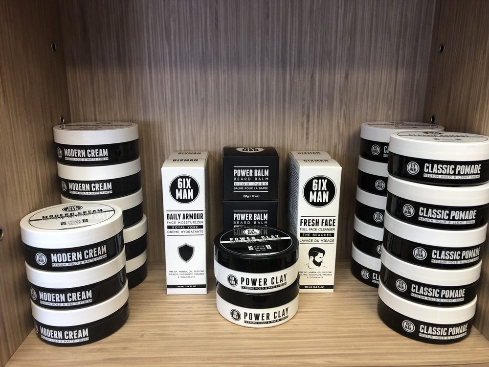 Selection of premium men's grooming products available at Mike's Barber Shop